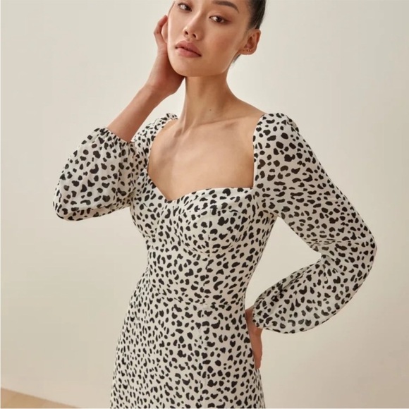 Reformation Shelby Dress Ocelot White Black Polka Dot Slit Bustier New Size 6 - Picture 2 of 14
